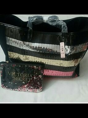 Victoria's Secret ling Stripe Sequin Carry all Tote bag set NWT